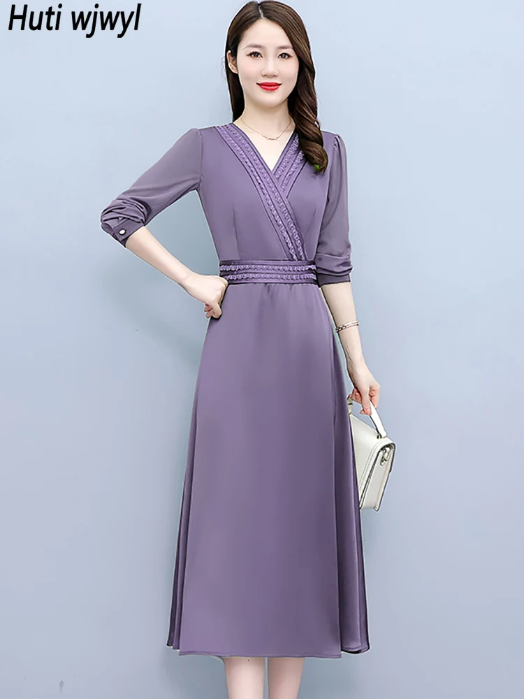 Spring Autumn Acetate Satin Long Sleeve Dress Women Solid Elegant Office Lady Midi Dress 2024 Korean Bodycon Party Maxi Vestidos