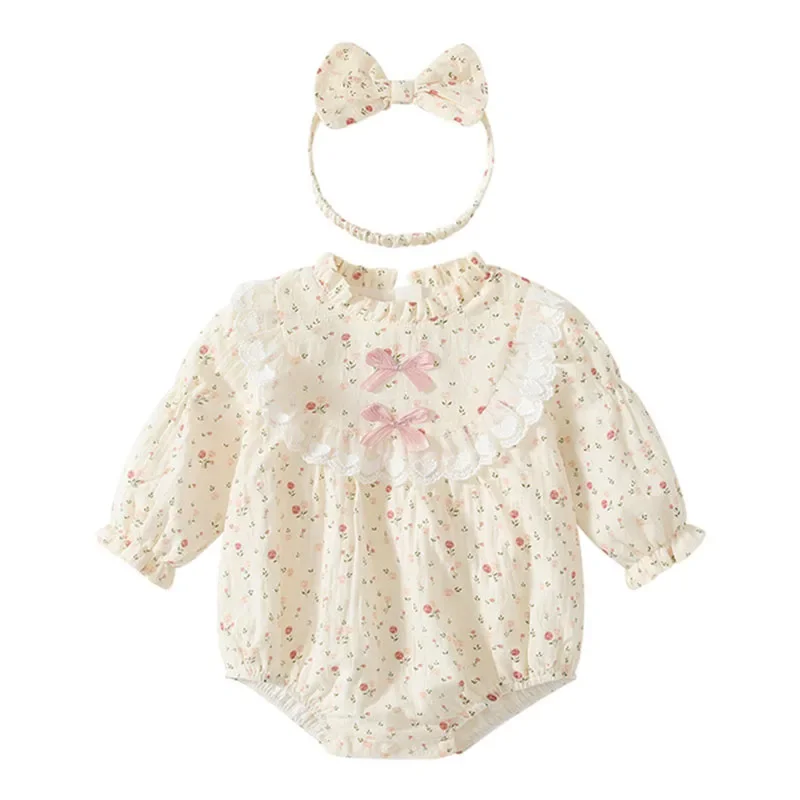 

2025 New Spring Infant Baby Girl Bodysuits+Hair band Long Sleeved Cotton Print Newborn Baby Girl Jumpsuit 0-24M Children Clothes
