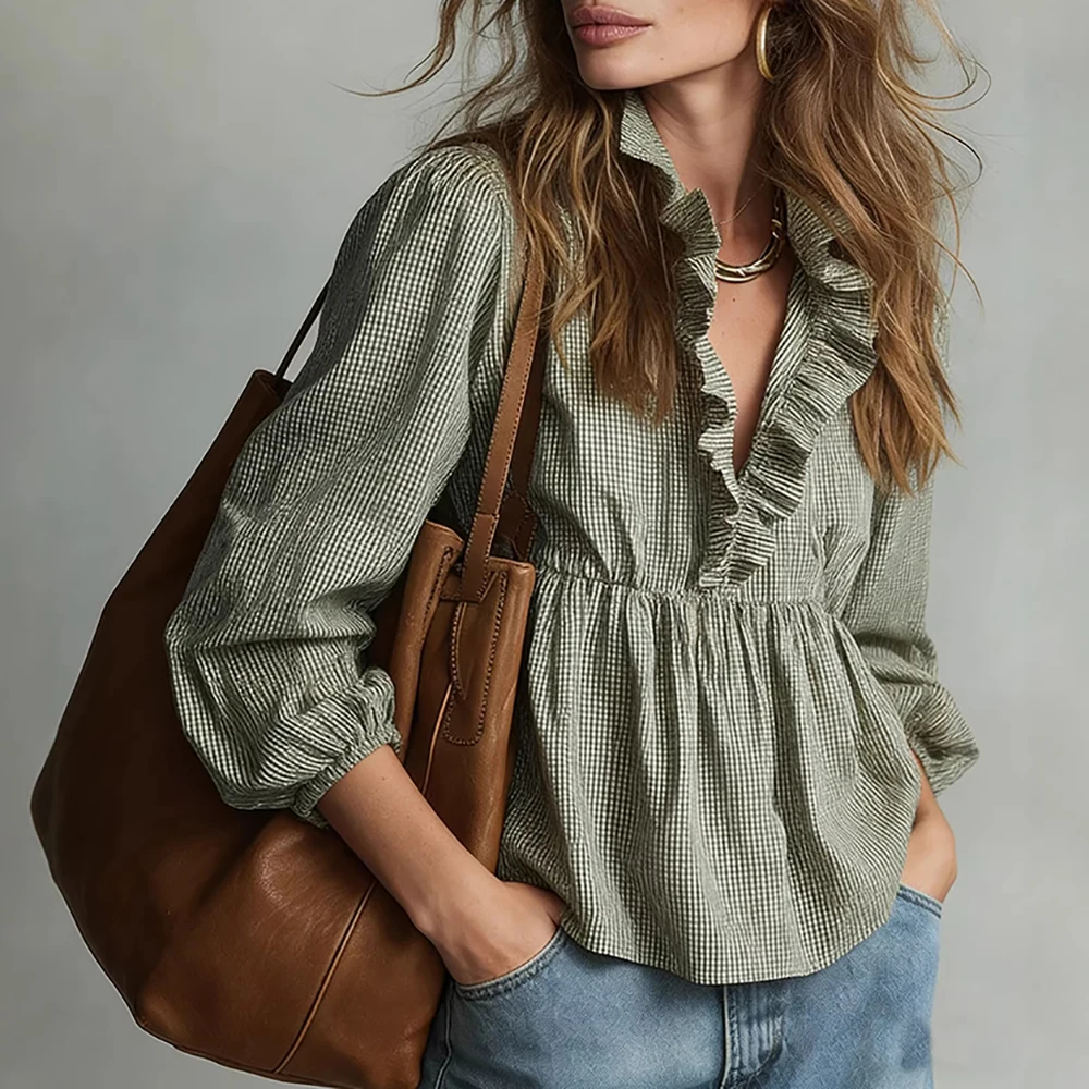 

Women Vintage Gingham Ruffle Trim Blouse Solid V-Neck Puff Sleeve Elegant Loose Bohemia Top Casual Summer Daily Vacation Outfits