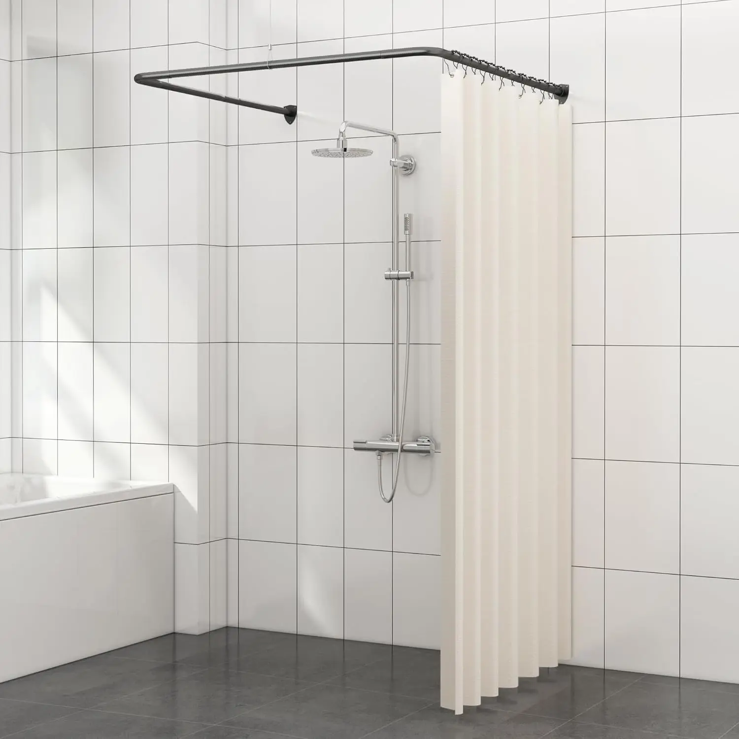 

Adjustable U-Shaped Shower Curtain Rod, Stainless Steel with 12 Hooks & Ceiling Support for Bathroom or Store (Black)