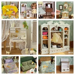 DollHouse Miniature Furniture 1/6 Vintage Dresser Fluffy Sofa French Wardrobe 1/12European Bed Double Sofa Blythe Blanket Sheets