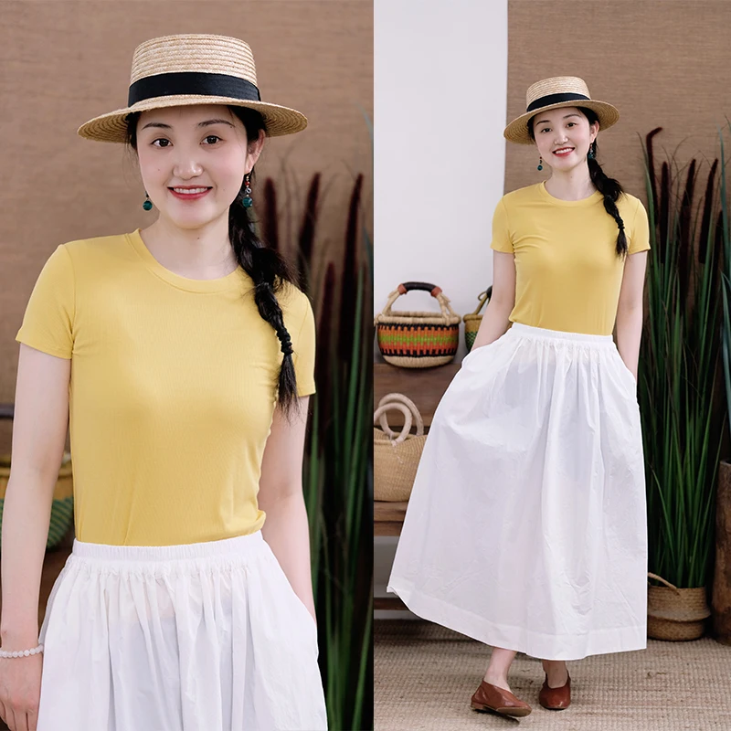 Silk Knitted round Neck Short Sleeve T-Shirt Pure Color Commute Friendly Summer Top No Ironing Required Threaded Design