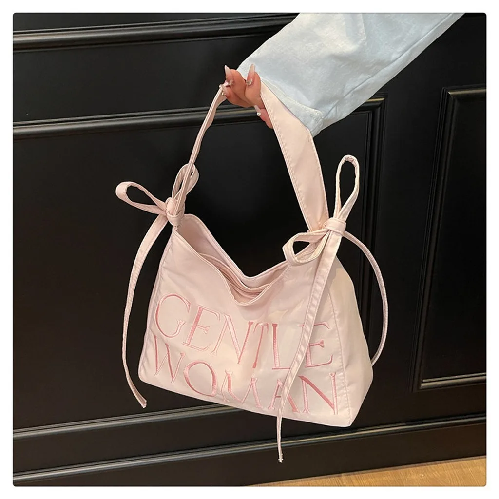 Nylon Tote Bag Embroidered Embroidered Shoulder Handbag Convertible Tote Trendy Lightweight Shoulder Bag For Daily Commute
