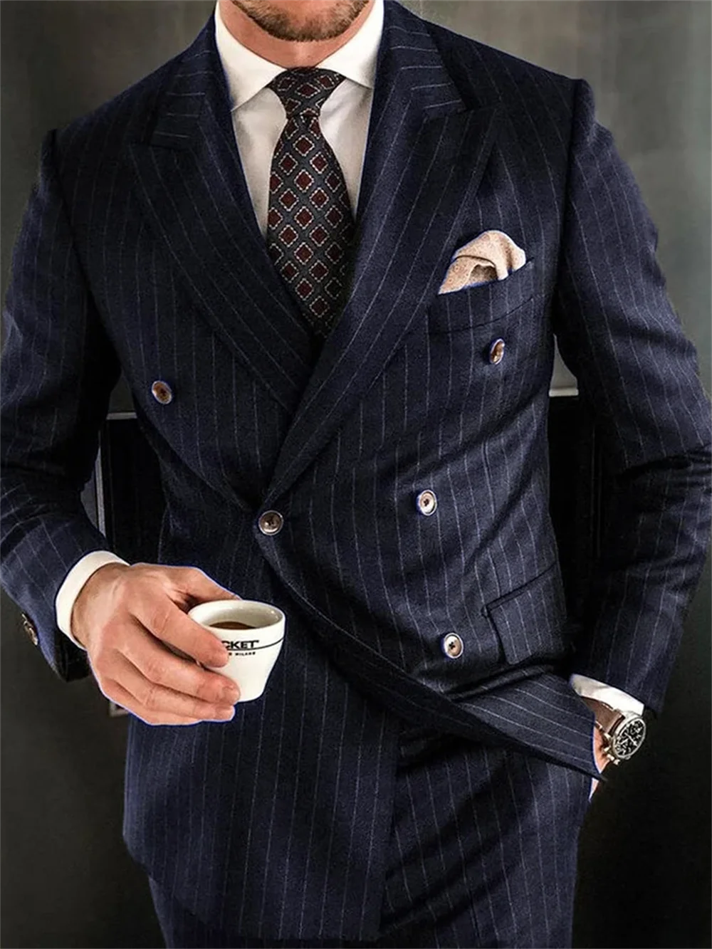 2 Piece Chic Pinstripe Navy Blue Men Suits  Set High Quality Formal Double Breasted Peak Lapel Suit Slim Fit Smart Casual Tuxedo