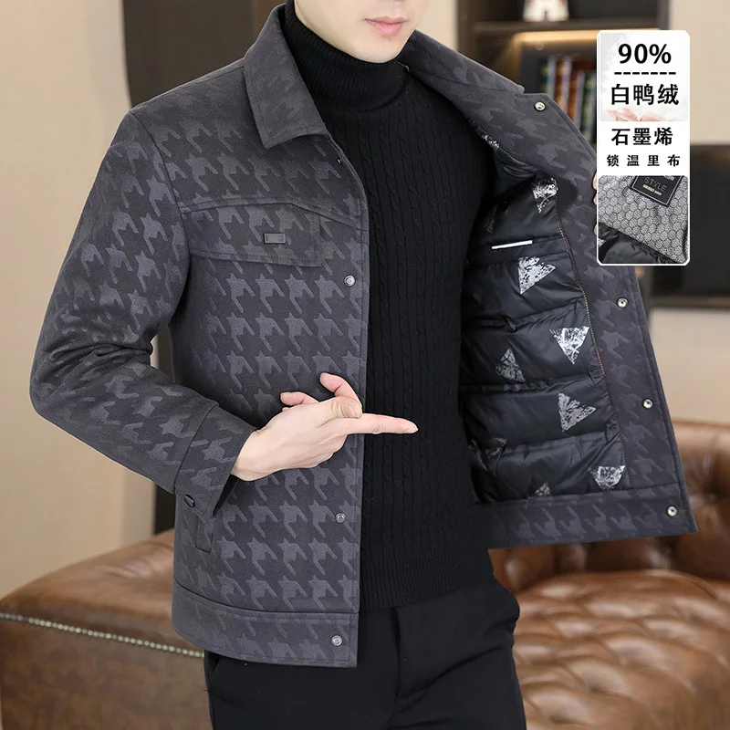 2023 Men's Lapel Casual Woolen Coat, Winter Warm Down Jacket, Jacket, Cold Jacket, 90% White Duck Plaid Overcoat Men Clothing