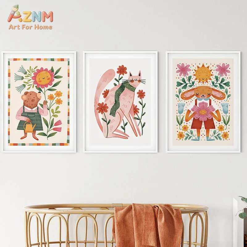 AZNM Frameless Canvas Wall Art, Cute Folk Cartoon Bear Cat Rabbit Garden Floral Sun Hand Drawn Warm Color Print Poster for Kids