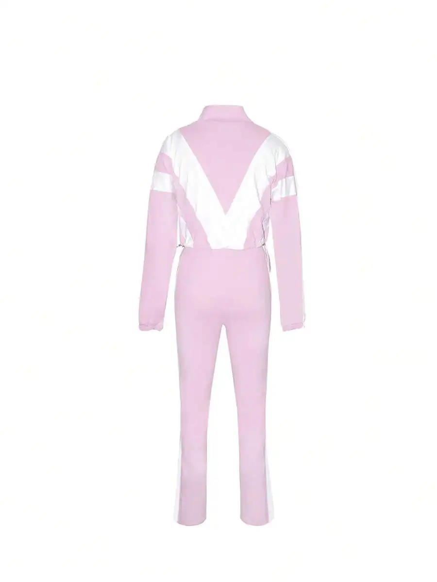 Conjunto Deportivo Color Block para Mujer - Top de Manga Larga y Pantalones Ajustados de Cintura Alta