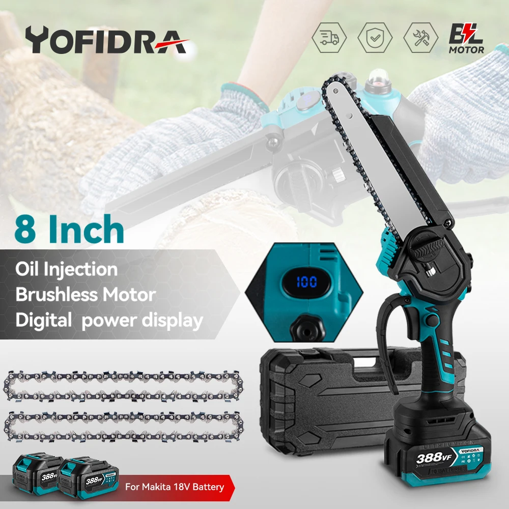 YOFIDRA 8Inch Brushless Electric Chainsaw Digital Display Cordless Rechargeable Saw Woodworking Tool For Makita 18V Battery