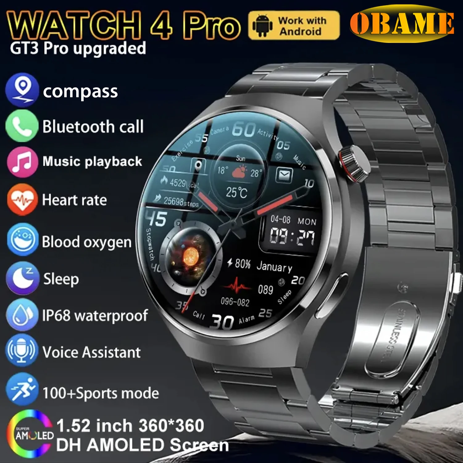

2025 New GT Series Smart Watch 4 Pro AMOLED HD Screen Bluetooth Call Heart rate Waterproof SmartWatch For Huawei Watches men Ms.