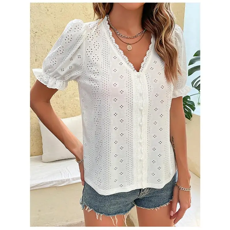Faion Primavera Donna Camicetta in chiffon Casual Lady T irt Top Street Sle Splice Scava fuori Miscela di cotone ort Sve V Ne