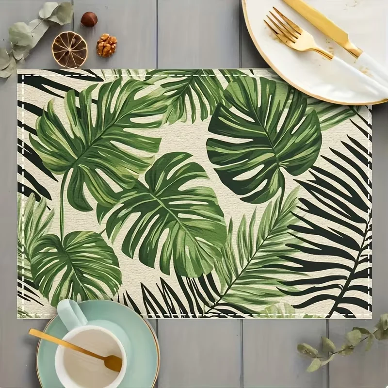 Vintage Tropical Monstera Palm Leaf Print Linen Placemat Heatproof Rectangular Table Mat Kitchen Dining Table Decor