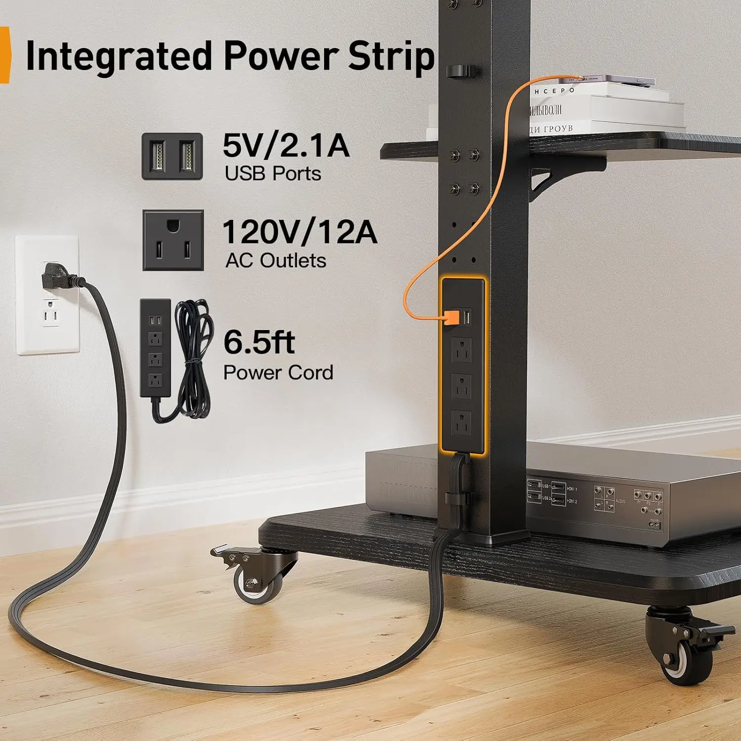 Mobile TV Stand with Power Outlet, Tilt & Swivel Rolling TV Cart for 32 to 65 70 75 inch TVs up to 110 lbs, Height Adjustable