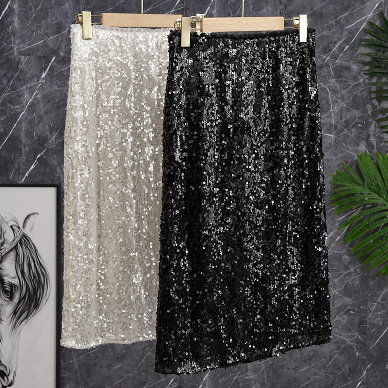 

Элегантная юбка-миди А-силуэта с завышенной талией, блестящая, с пайетками, в стиле блузки, для фигуры типа «груша», из полиэстера, для повседневной носки, чистый стиль