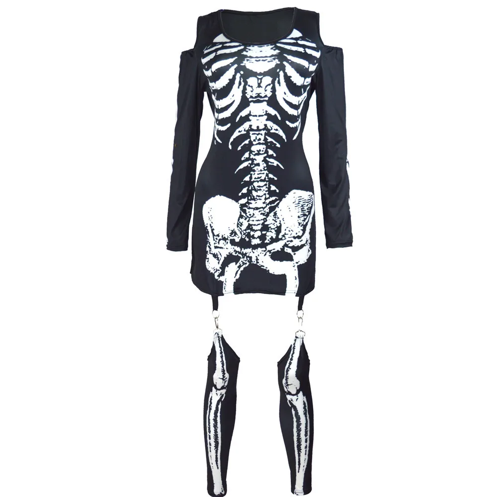 New Makeup Ball Skull Skeleton Print Sexy Off Shoulder Halloween Costume Dark Performance Dress