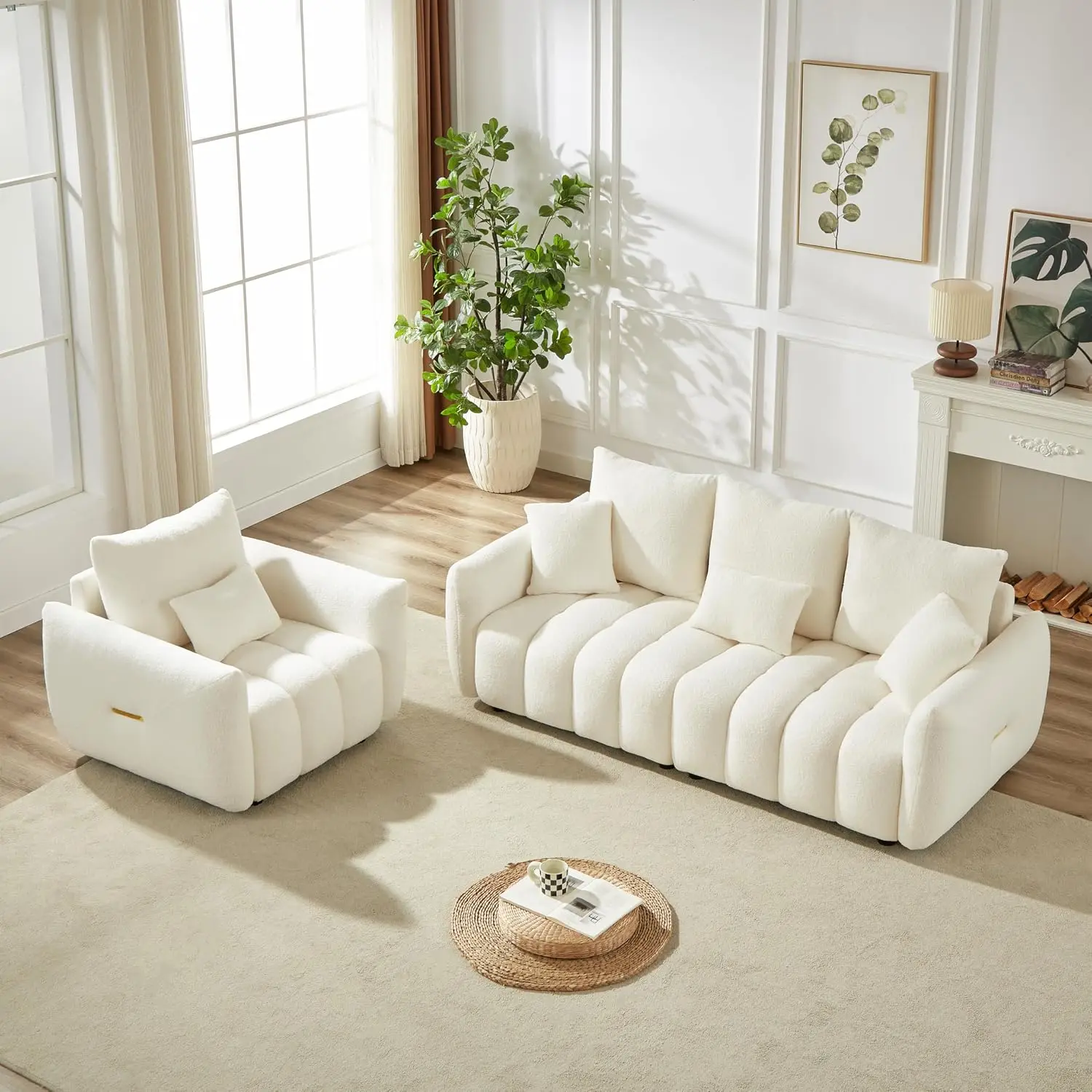 Boucle Cloud 2 Piece Sofa Set Deep Seat With Pillow Beige White, Customized