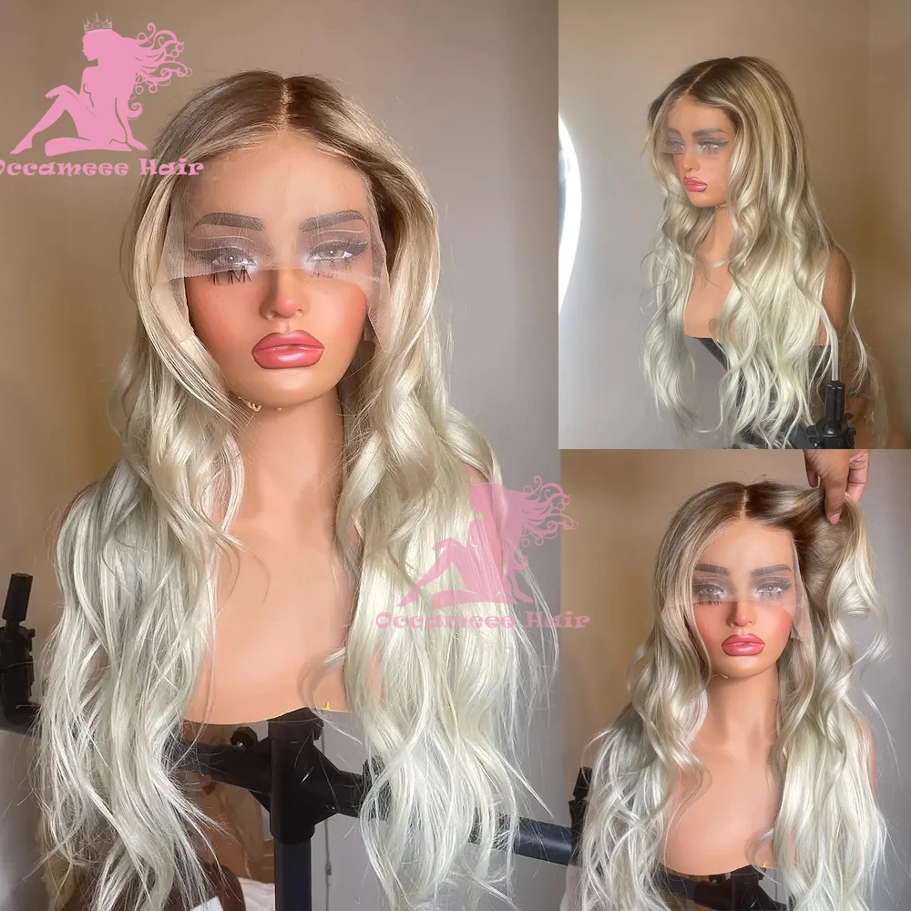 

Platinum Blonde Human Hair Lace Frontal Wigs Transparent Lace Front Wigs Body Wave Brazilian Hair Lace Wig Dark Roots Women Wig