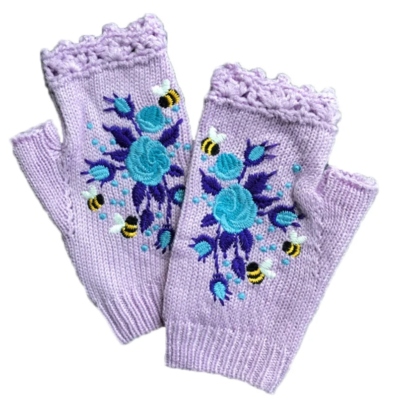 Winter Half Finger Gloves Knit Fingerless Mittens wth Thumb Hole Floral Embroidery Solid Color Hand Warmer for Women