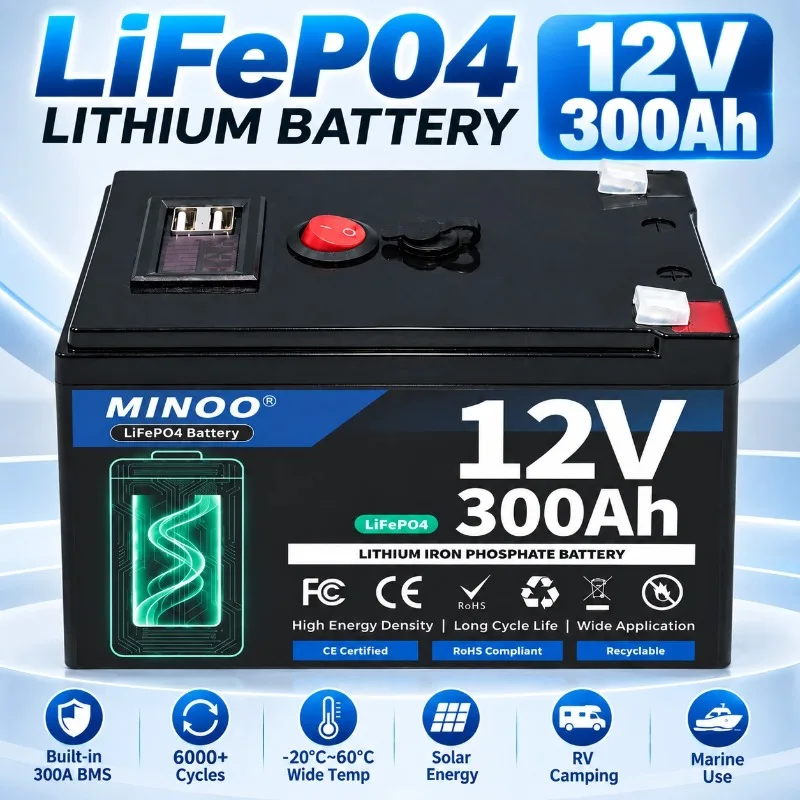 LiFePO4 12V 300AH 12V 200AH Battery Free Charger 12V Lithium Battery Built-In 300A BMS 6000+ Cycle Foat Fast Ship From EUr Bo