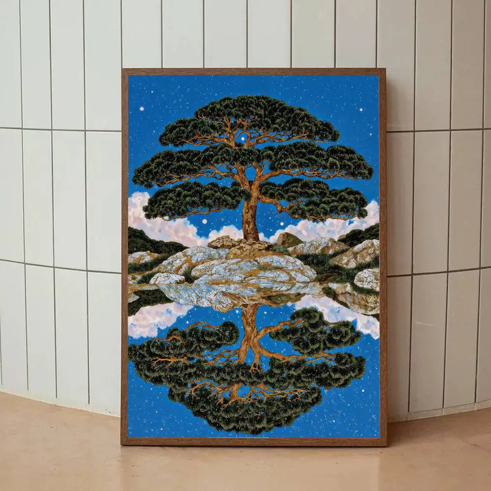Póster Artístico del Árbol de la Vida con Simetría Surrealista, Isla Flotante con Reflejo de Pino y Cielo Azul Estrellado, Paisaje Surrealista para Decoración de Sala de Estar