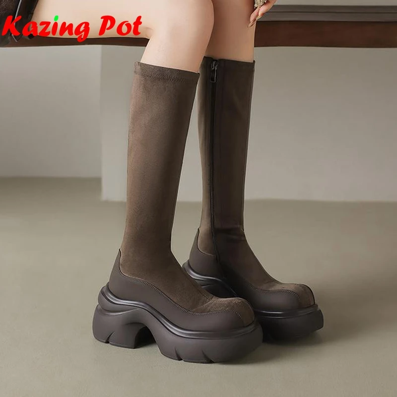 

Cow Split Skin Flock Ins Round Toe Thick Bottom Riding Boots Dating Autumn Winter Shoes Party Sexy Women Stretch Knee-high Boots