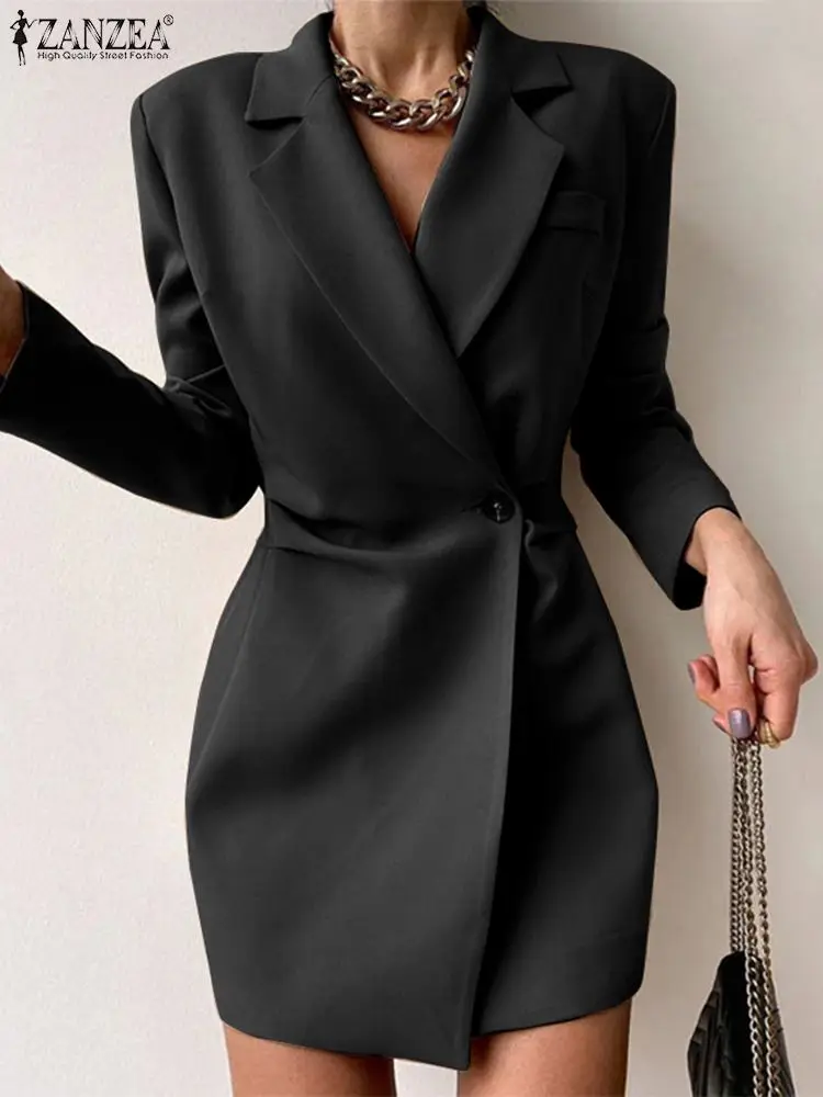 ZANZEA Office Lady Suit Collar Mini Dress Waist Pleated Fashion 2023 Autumn Long Sleeve Short Robes Women Wrapped Blazer Dres