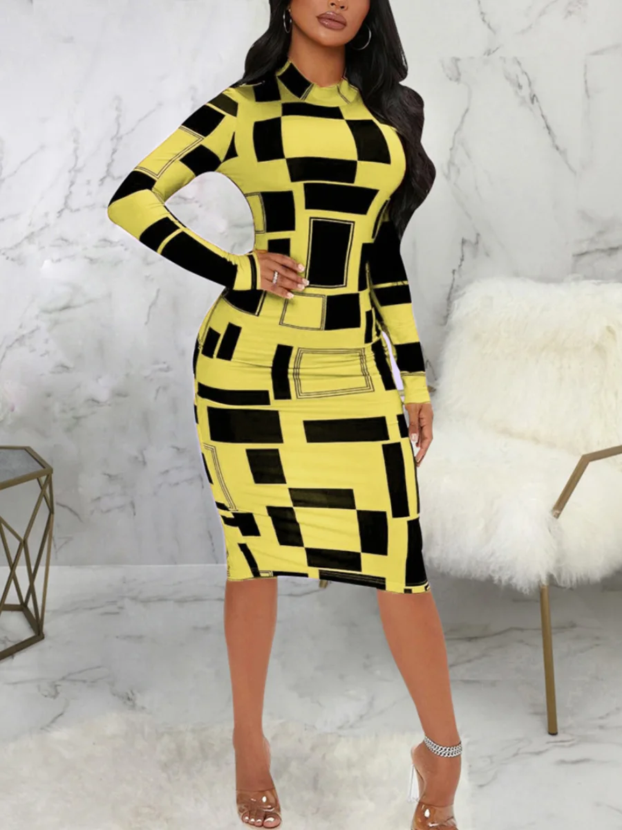 LW SXY Geometric Print Patchwork Bodycon Dress Summer Mock Neck Body-shaping Long Sleeve Stretchy Mid Calf Dresses for Women