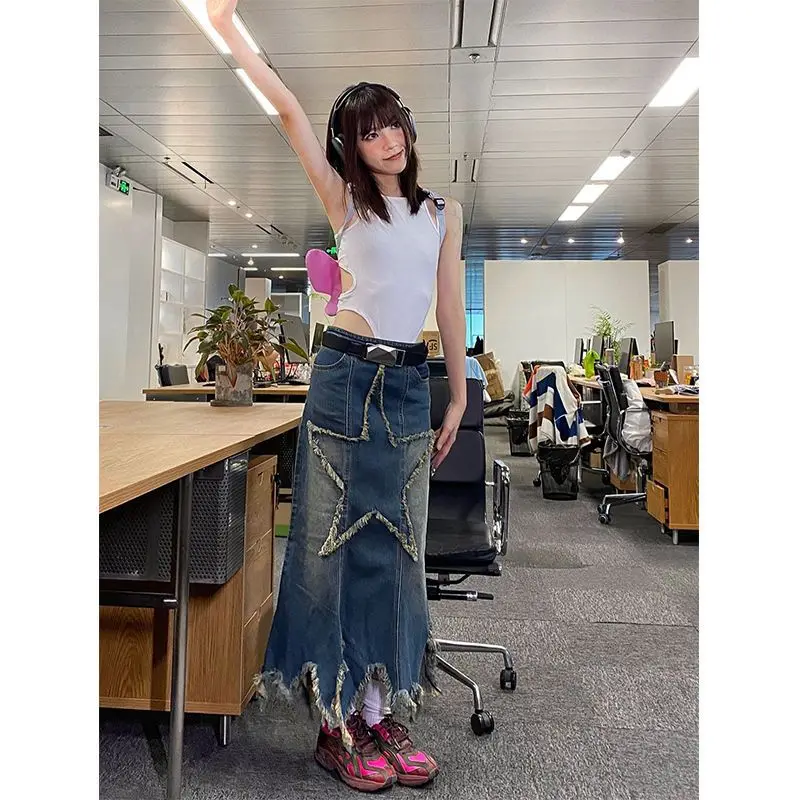 Y2K Denim Skirts Women Korean Fashion Clothing Harajuku Knee Length Midi Long Skirt Star Jeans Women's Clothing Gothic