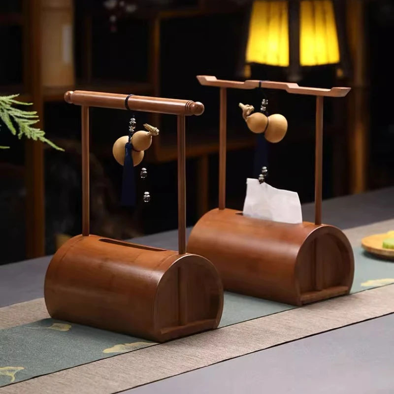 

Chinese Zen Bamboo Tissue Box with Handle, New Style Napkin Organizer, Portable Tea Room Decor, Multi-Style Room Holder