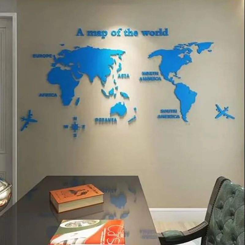 Home Living Room Bedroom Background Wall Sticker Modern World Map Acrylic 3D Wall Sticker  Office Decoration Wall Sticker