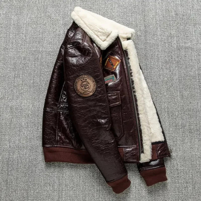 Chaqueta de lana de piel de lujo para hombre, chaquetas de cuero de invierno Vintage para motocicleta, ropa Bomber cálida de piel de oveja auténtica para piloto A2