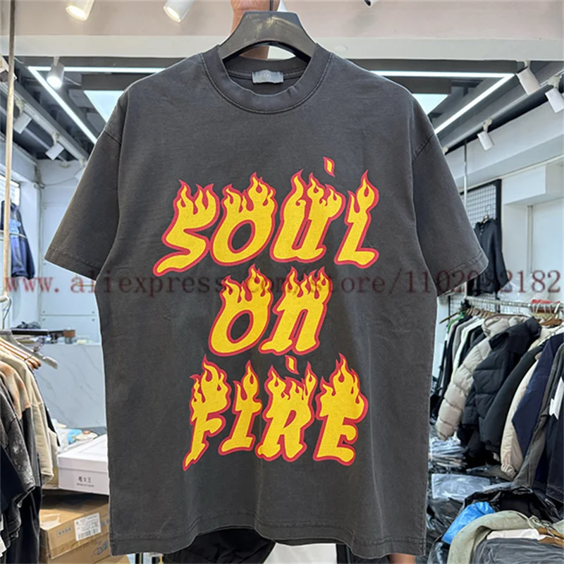 High Street Creative Design Saint Flame Letter Printed T-shirt Men Women Retro Washed Short Sleeve Tee