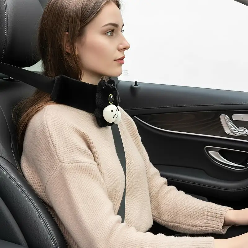 Car Seatbelt Shoulder Pad Cover 1PC Black Cat & Fish Pattern Fashion Stylish Breathable Comfortable Accessory for Road Trips