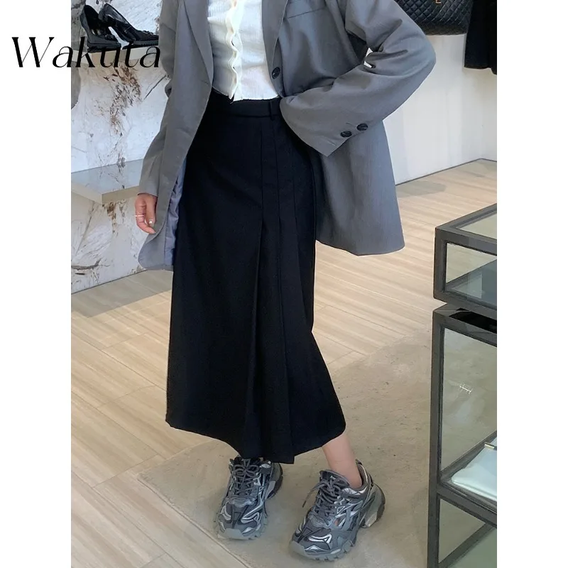 WAKUTA Ladies Blazer Skirts Pleated High Waist Solid Color Long Skirt Korean 2024 New Autumn Vintage A-line Females Faldas Mujer