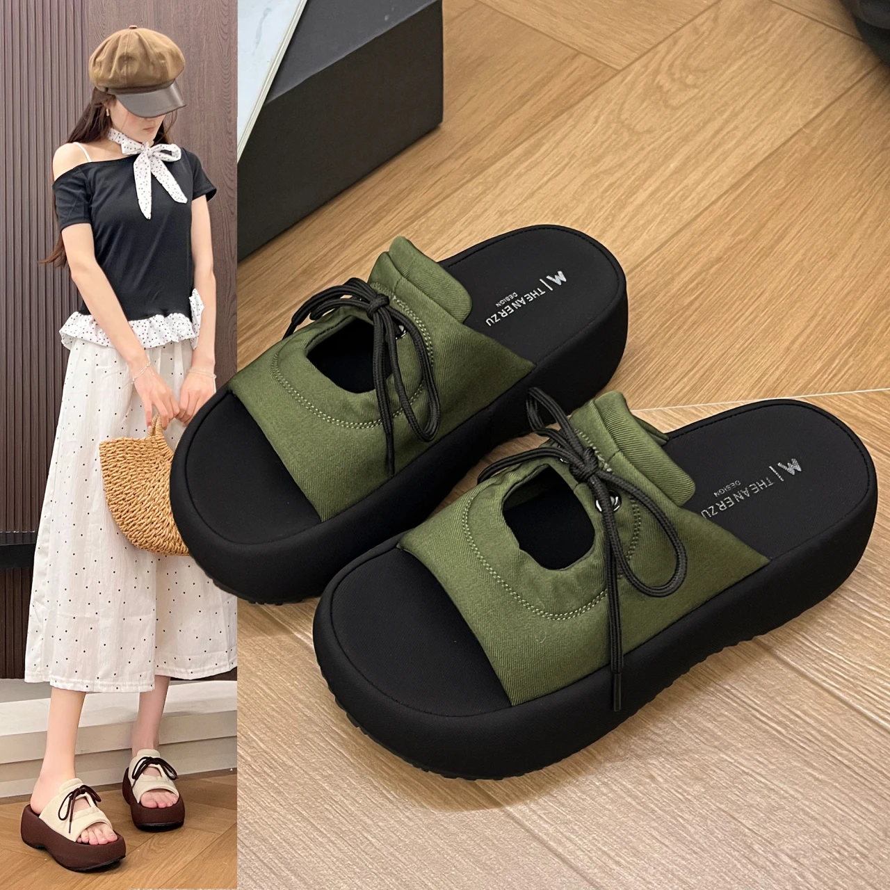 

Women's Green Drawstring Platform Slide Sandals, Open Toe Thick Sole Slip On Casual Slippers for Summer Beach Outdoor Daily Wear