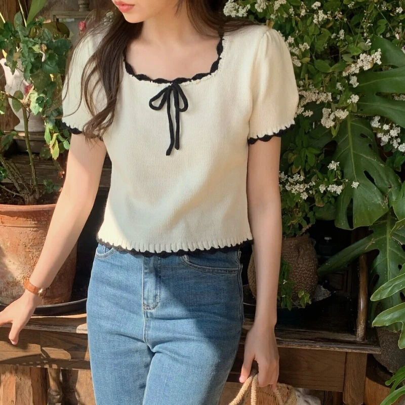 Women Bow T-shirts Puff Sleeve Mujer Crop Tops Summer Square Collar Sweet Girls Leisure Vintage Korean Style Thin Patchwork Fit