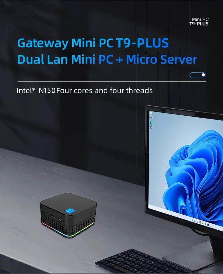 Mini PC originale T9 Plus Intel Twin Lake N150 16 GB DDR5 256/512 GB SSD Windows11 Computer tascabile ultra piccolo Dual LAN Tre HD