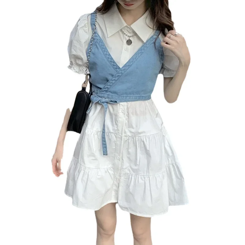 

2025 New Summer Women's Dresses Korean Fashion Vintage Puff Sleeve Shirt Dress Women's Denim Camisole Vest Set New in Dresses