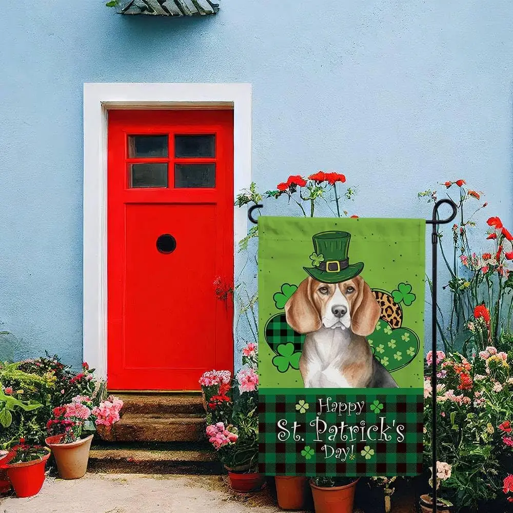 Dogue de Bordeaux Happy St Patricks Day Garden Flag Watercolor Dog in Green Hat Buffalo Plaid Shamrocks Clovers Yard Outdoor Dec