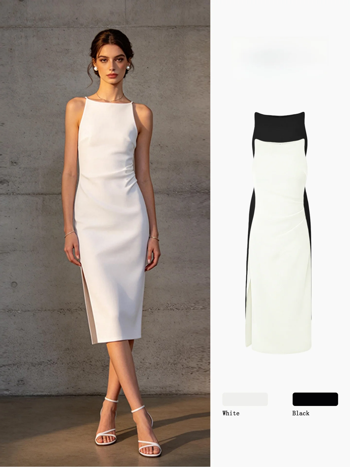 

Elegant White Sleeveless Dress Women's Mid-Length A-Line Skirt Slimming Waist Design Commute Appropriate Classy Split Design