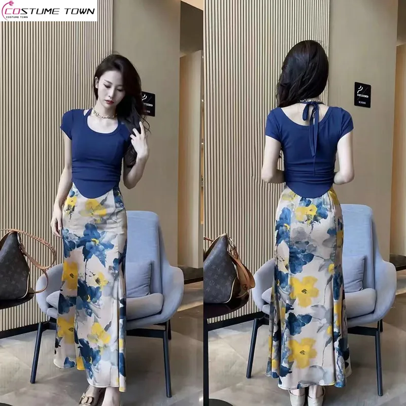 

Fashion Set New Spring/Summer Irregular Slim Fit Fashion Short Top+Printed Fishtail Skirt Two Piece Set