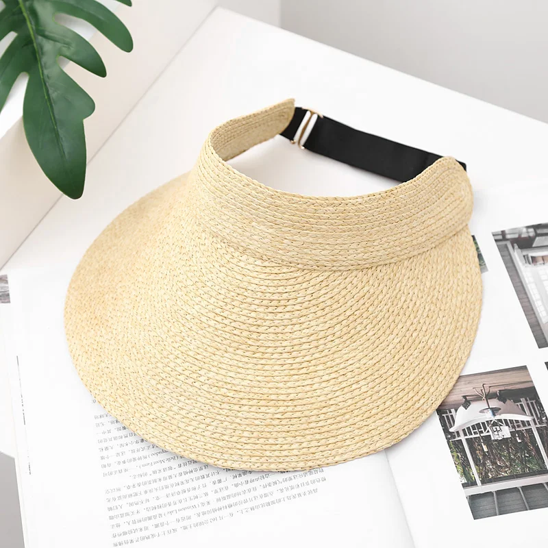 Empty Top Raffia Straw Hats For Women Korean Fashion Empty Top Riding Sun Hat Foldable Wide Brim Beach Visor Hat Sombrero Mujer