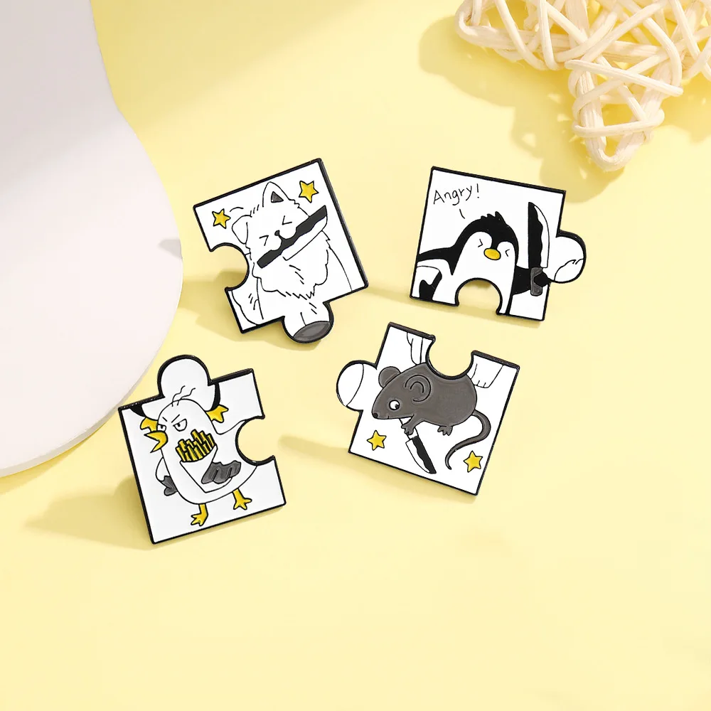 Pequeño pingüino, ratoncito, gaviota, perrito pequeño, insignia de rompecabezas de animal travieso, broche de animal con personalidad de moda