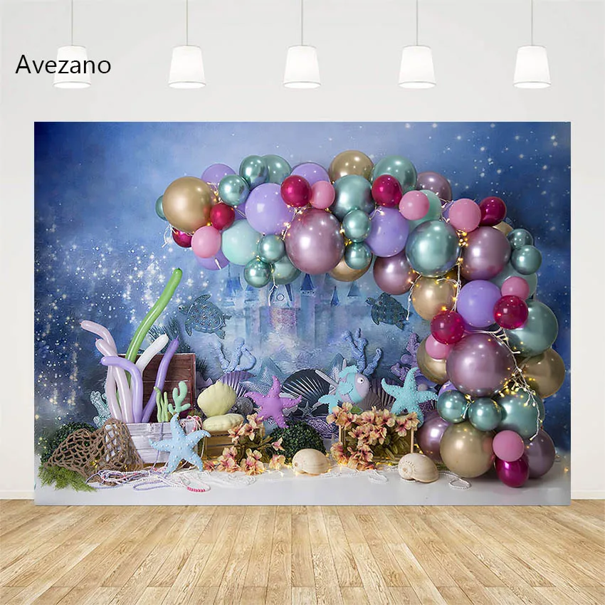 Avezano Photography Background Mermaid Starfish Underwater Castle Girl Birthday Portrait Decor Backdrop Cake Smash Photo Studio