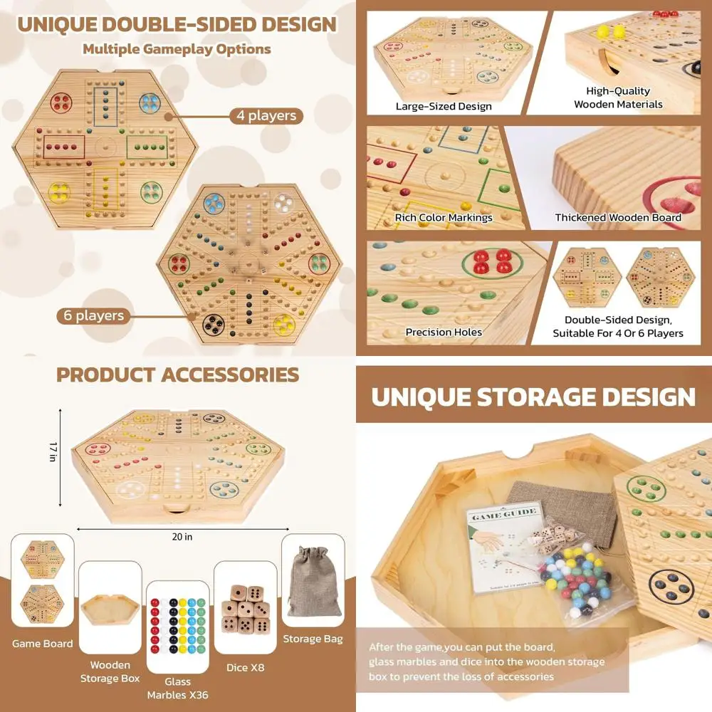 

Dual-Function Wooden Marble Board Game for 4-6 Players with Storage, 36 Marbles, 8 Dice, Bag & Manual