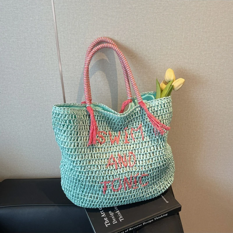 

Summer Straw Shoulder Bag Women Fashion Tassel Woven Handbags Women Shoulder Bags Large Capacity Letter Tote Female Shopping Bag