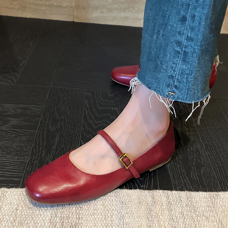 

Женская обувь на низком каблуке во французском стиле с круглым носком, модельные туфли для женщин, элегантные туфли Мэри Джейн с одним ремешком из натуральной кожи на плоской подошве