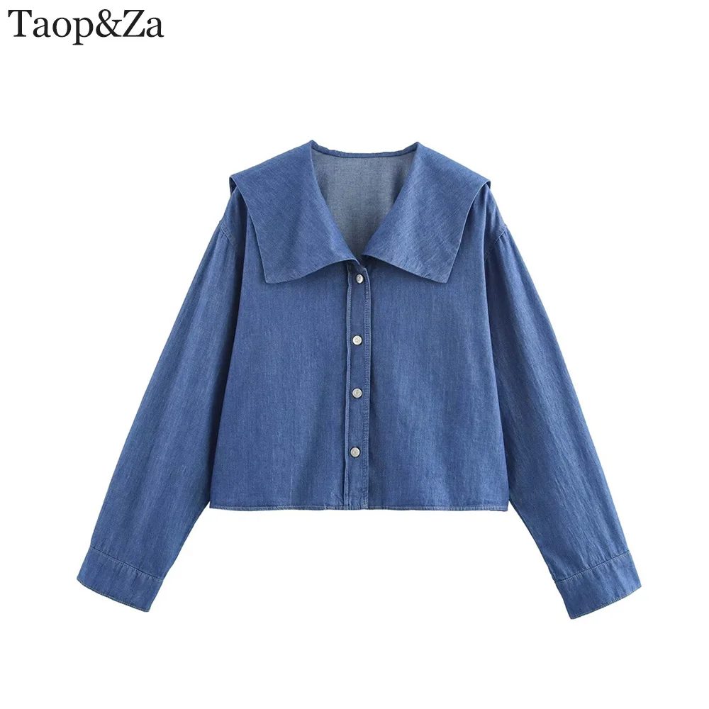 

Women's new retro versatile denim effect flat collar long sleeved shirt