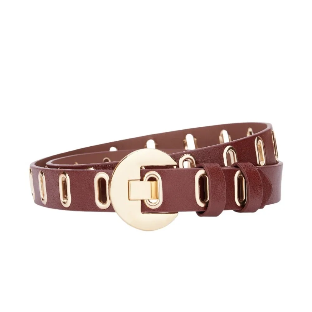Personality Round Buckle PU Leather Belt Hollow Hole Women Waistband Y2K Punk Waist Belt Jeans