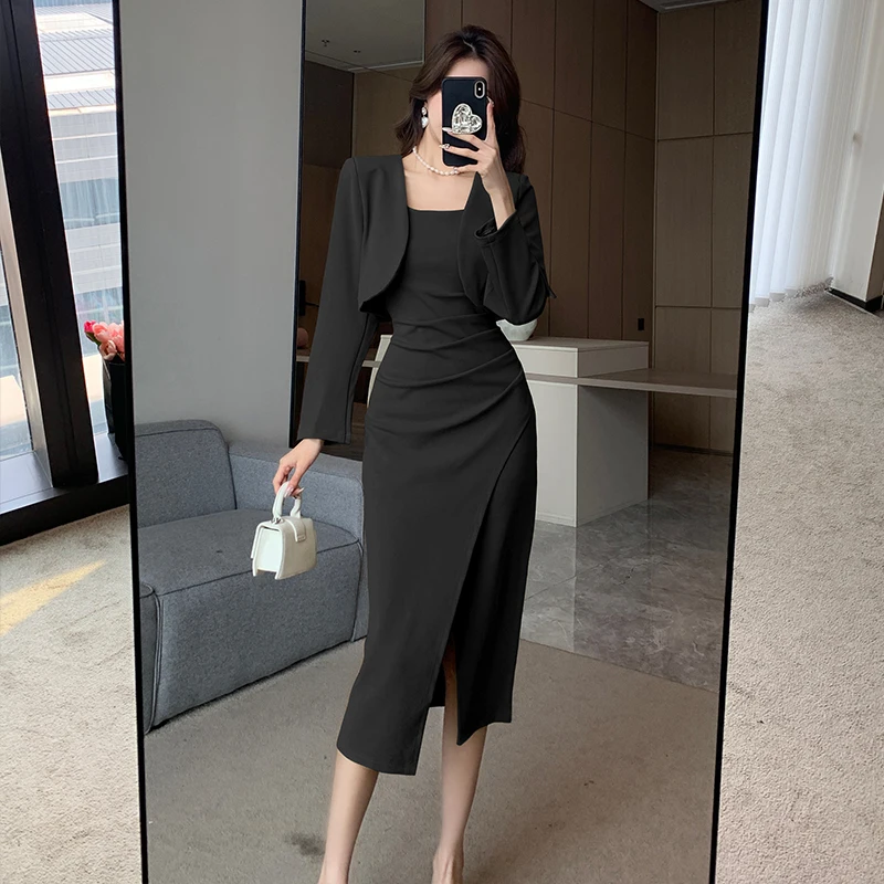 New Vintage Solid Elegant Midi Dresses for Women with Long Sleeved Cardigan Autumn Fashion Party Birthday Dress Korean Style