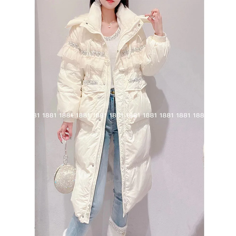 Mid-Length Down Jacket Women 2023 Winter New Korean Style Heavy Luxury Rhinestone Ruffled Thickened Warm Sweet Kawaii Coat